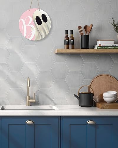 Miniatura 5 de Letrero de bienvenida para decoración de puerta delantera, Halloween, fantasma, rosa, 10 pulgadas, coronas, letrero colgante, decoración navideña