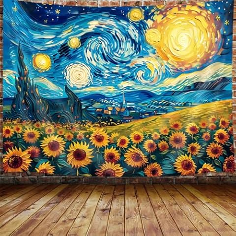 MERCHR Sunflower Starry Night Art Tapestry Aesthetic, Vintage Fantasy Nature Oil Painting Tapestry Wall Hanging for Bedroom, Fall Flower Tapestries Poster Blanket College Dorm Home Decor 80X60 Inches Cover