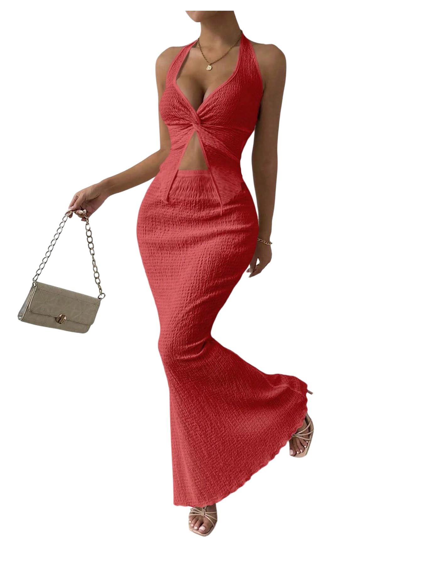 SOLY HUX Women's 2 Piece Outfit Twist Front Halter Cami Skirt Summer Set
