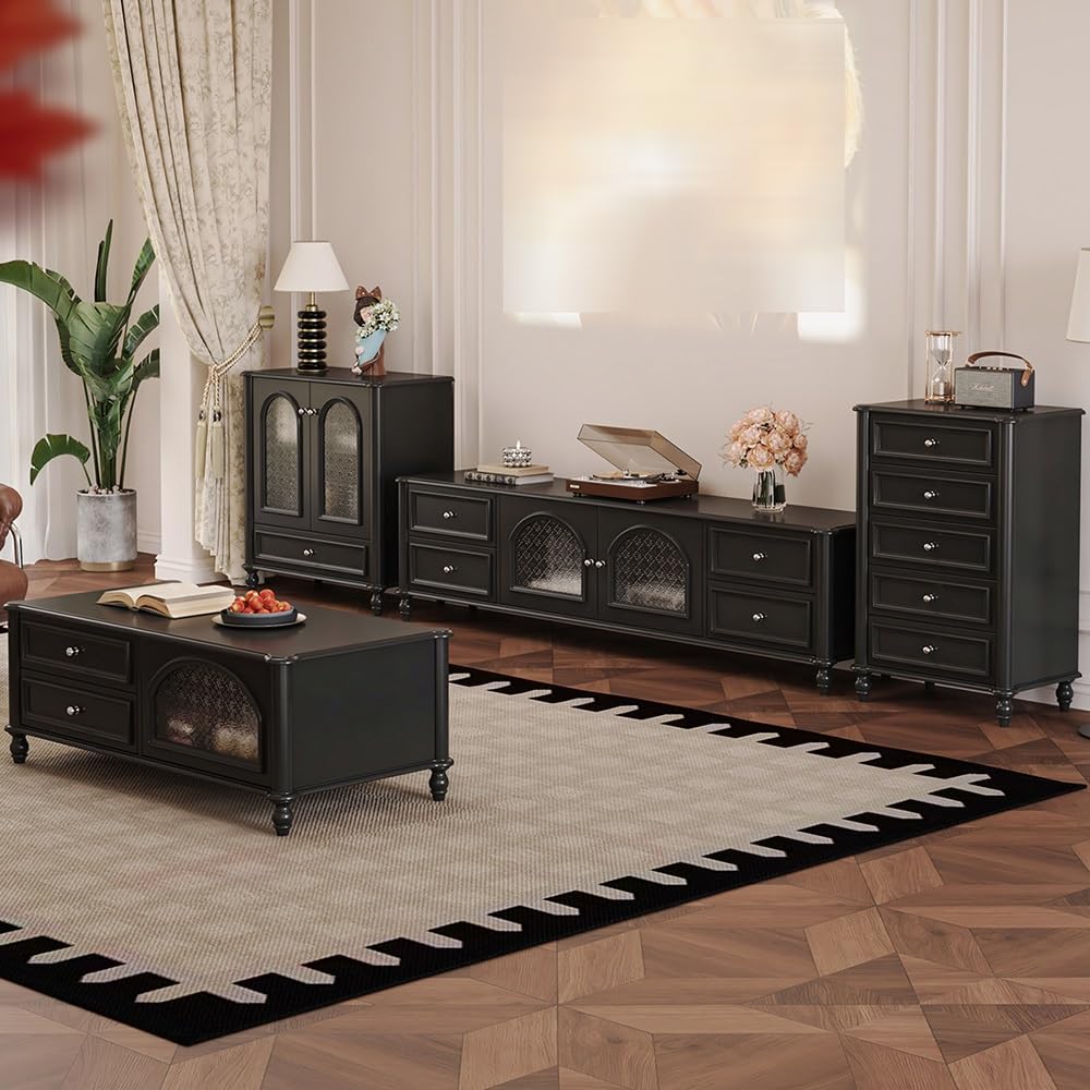 Mobile TV 200cm Console Legno Massello Vintage, Hub Intrattenimento Nero Rustico, Mobile Deposito per Alberghi & Agriturismi Console multimediale