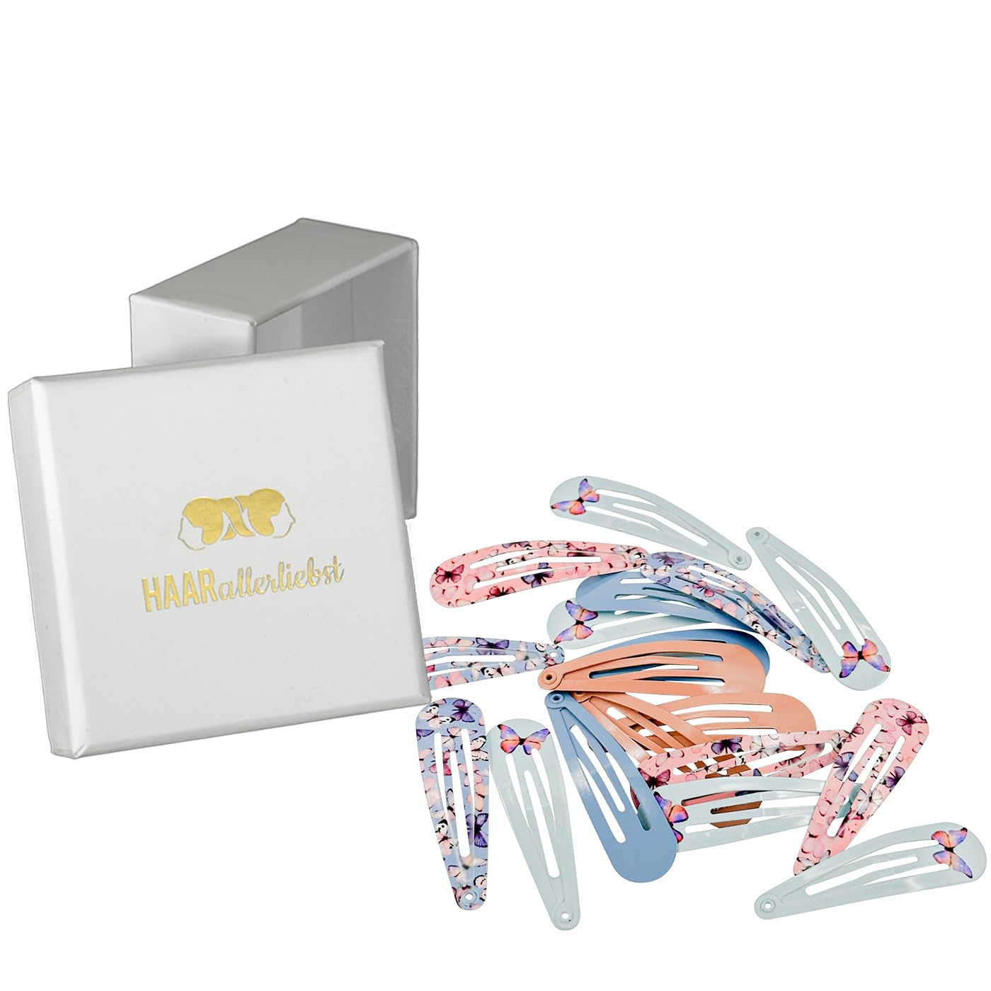 HAARallerliebst® 18 Stück Haarspangen Mädchen Damen, bunt, Haarklammern in 5 Farben mit Schmetterling (rosa, orange, blau), 50mm Baby Kinder Haarklammer, inkl Schachtel Haarspange Haarschmuck