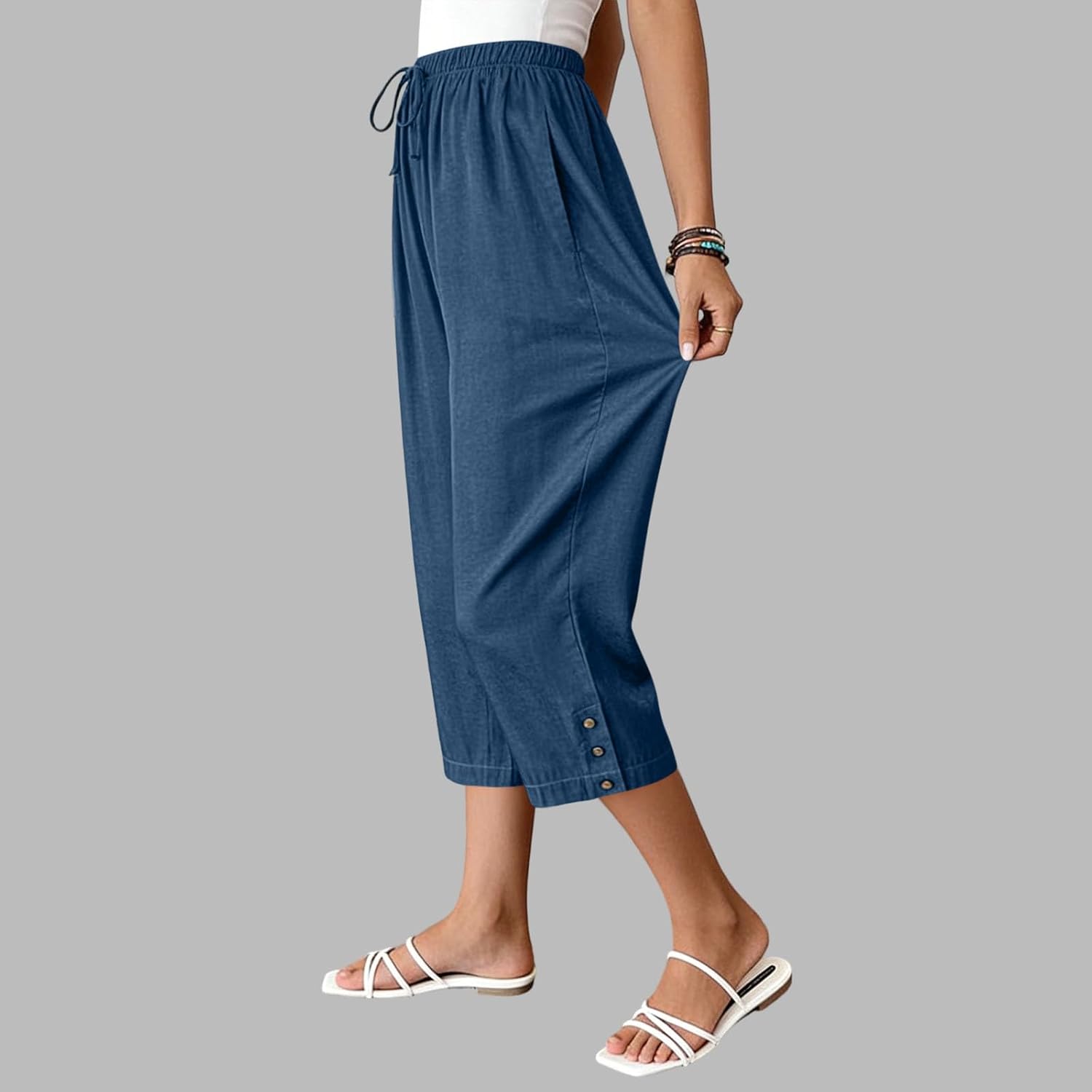 Women's Dressy Casual Work Capri Pants Ladies Summer High Waisted Fashion Office Cropped Trousers Drawstring Straight