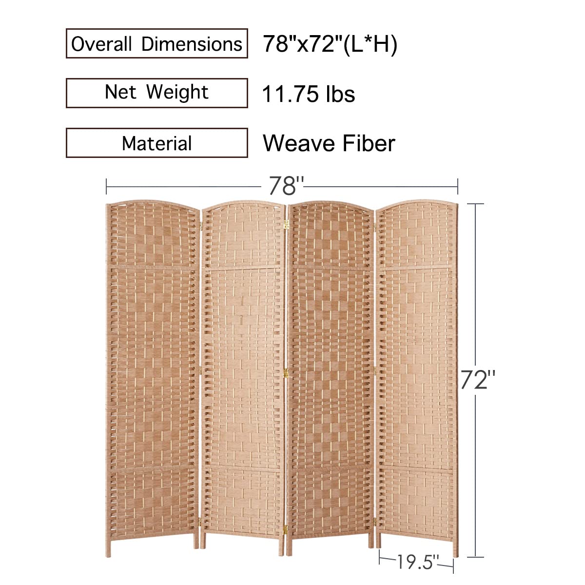 RHF 6 ft. TallExtra WideDiamond Weave Fiber Room Divider,Double Hinged,4 Panel Room Divider