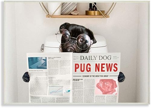 Stupell Industries Baño Pug Daily Toilet Briefing Dog Humor, diseñado por Ziwei Li Art, 10 x 15, placa de pared