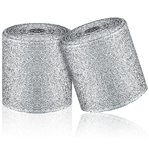 2 Rolls 20 Yards Christmas Ribbon Metallic Glitter Ribbon Wired Edge Decorative Fabric Ribbons for Party Wrapping Home Decorations Wedding Birthday DIY Crafts 2.5 Inch (Silver)