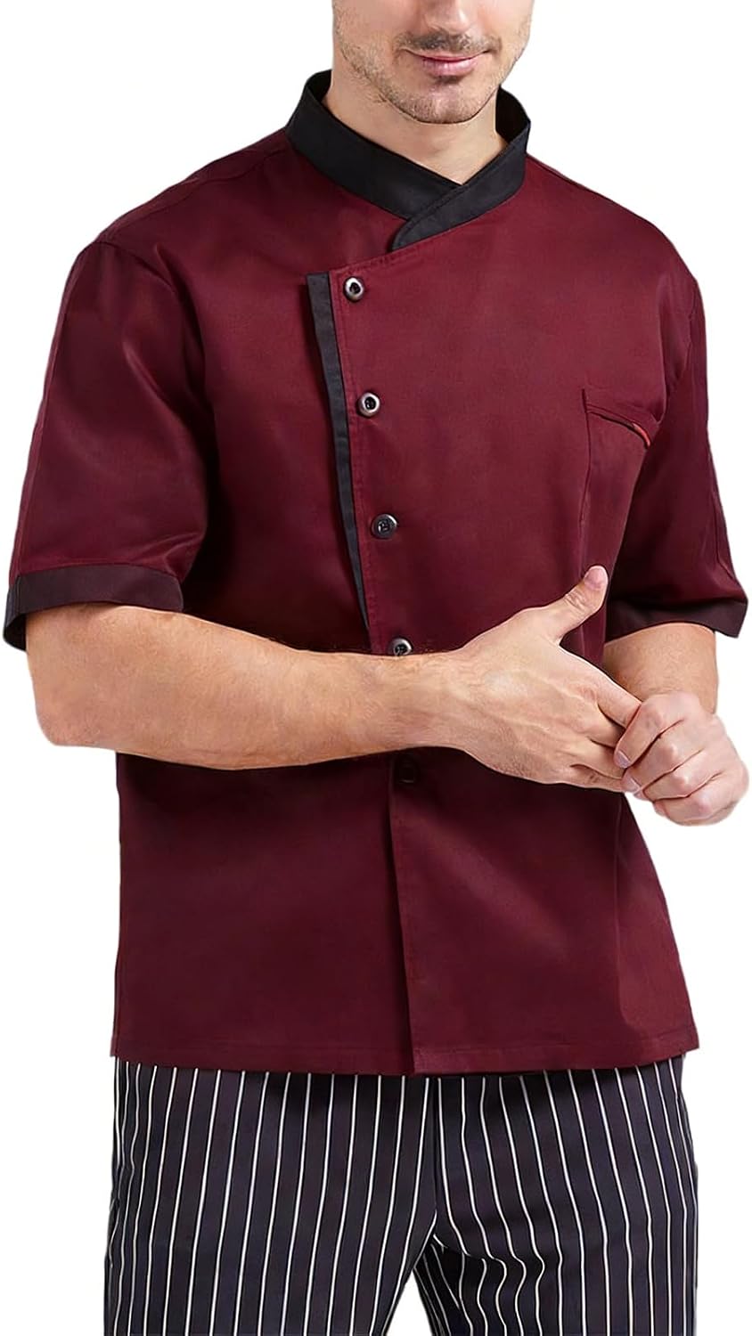 Chef Coat Unisex Chef Jacket Cook Men Works Shirt Short Sleeve Button Down Solid Color Cotton Womens Kitchen Restaurant Hotel Uniform Camisas De Chef para Hombre Red