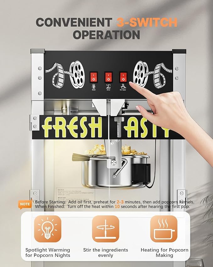 Image of 38 Oz Commercial Popcorn Machine, Large Popcorn Maker Machine, Movie Theater Countertop Pop Corn Machine with 3-Switch Control & Tempered Glass Doors, Black