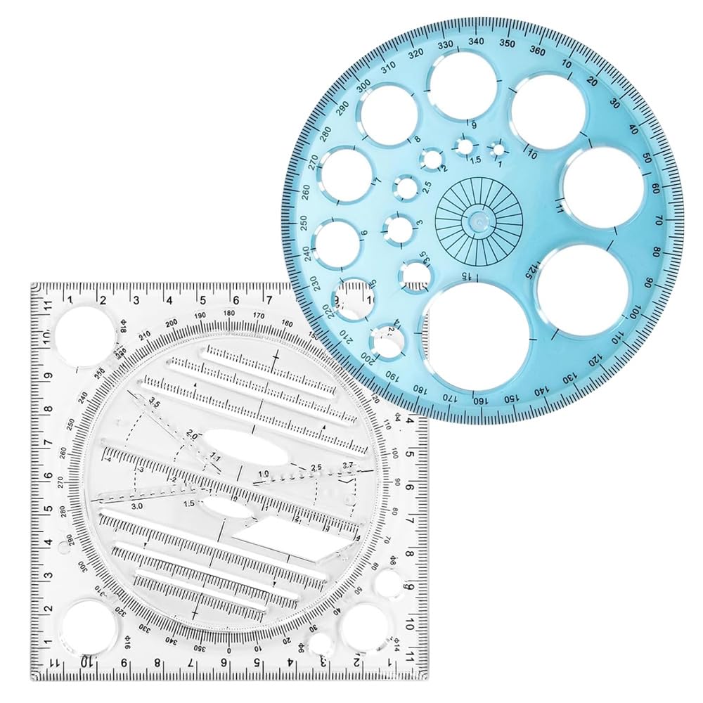Cyjywp Blue/Transparent 2 Pcs Plastic Multifunctional Geometric Ruler, Accurate Scale