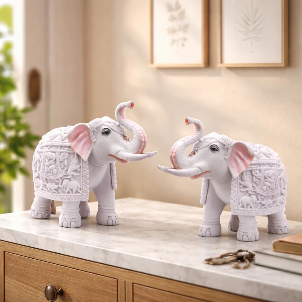 White Marble Elephant Statues - Good Luck & Prosperity -2 White Marble Elephant Statues - Good Luck & Prosperity -2