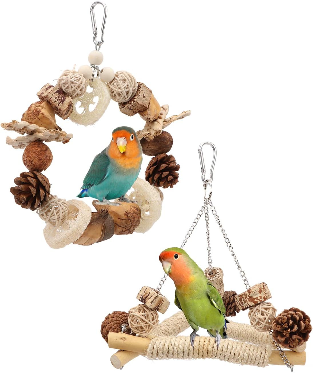 Hypeety Bird Swing for Cage Sisal-Wrapped Natural Wooden Perch Bird Foraging Round Swing Toys Parrot Stable Triangle Hanging Balance Training Toys for Lovebirds Cockatiels Budgies and Small Birds