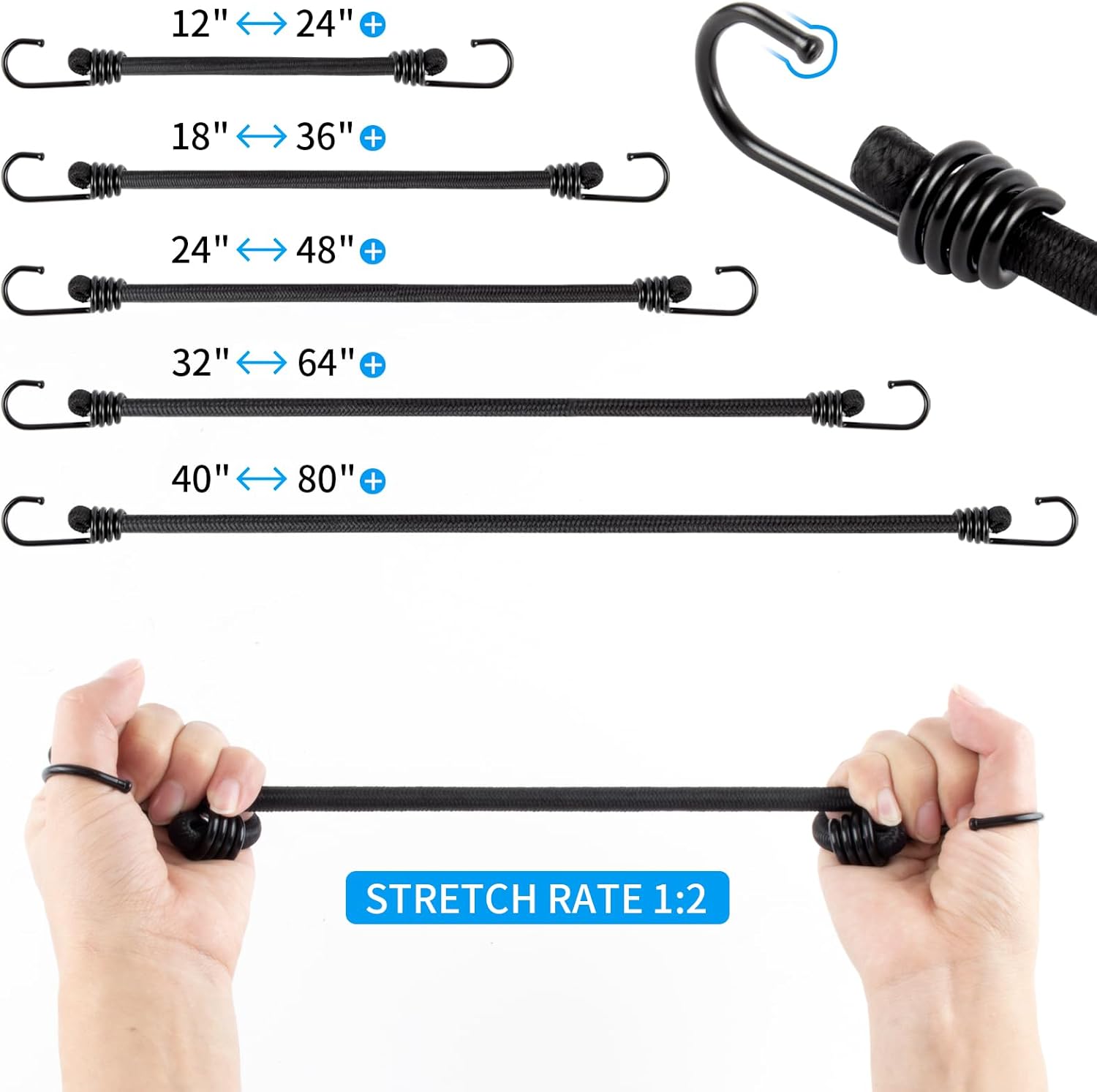 12 Inch Small Bungee Cord with Hooks-Black Bungee Cords Heavy Duty Outdoor Bungee Straps with Hooks for Camping, Tarps, Tents, Hiking,Hunting,Trucks and Boats (4 Pack)