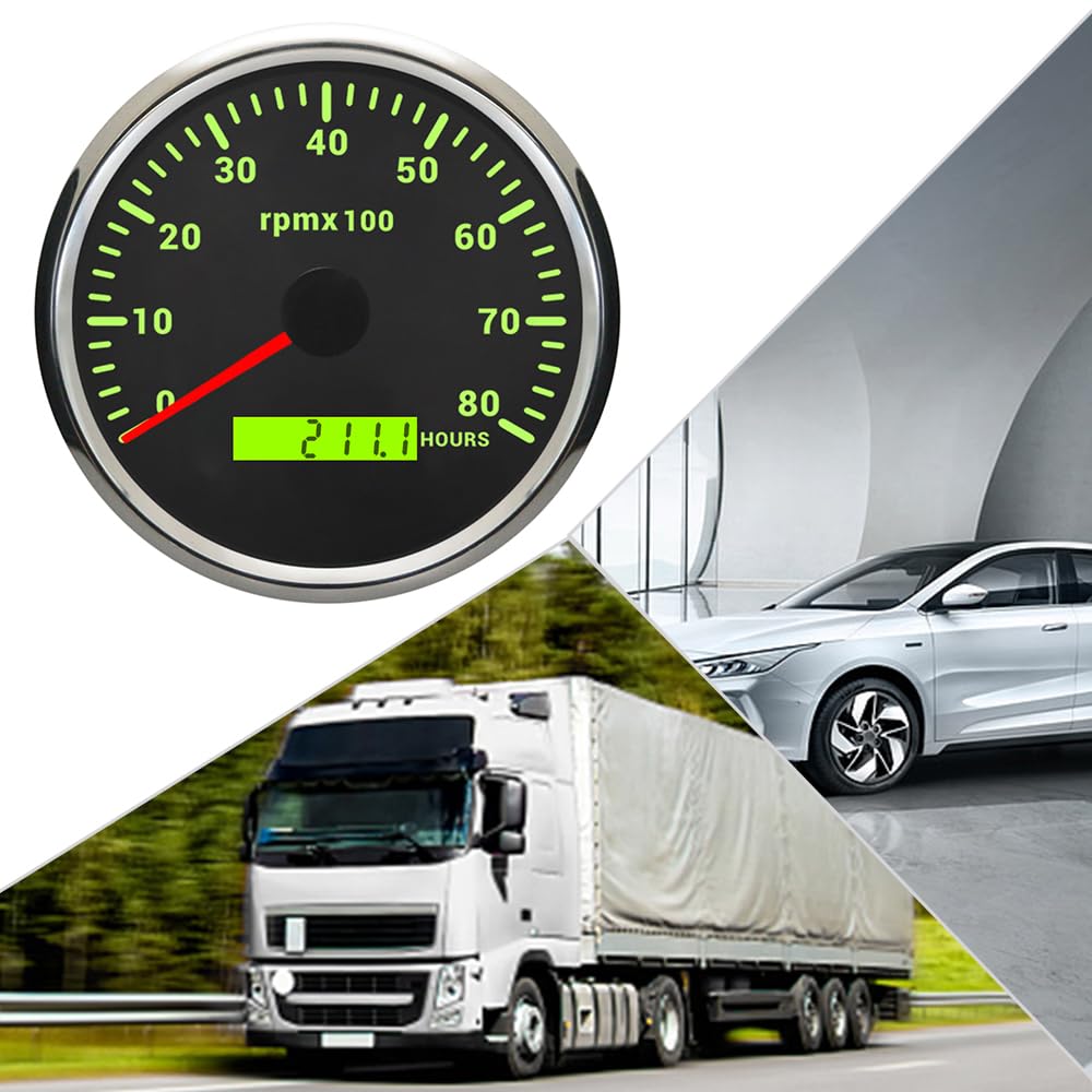 8000RPM Tacho Gauge Tachometer REV Counter Hourmeter 110mm 4-3/8" Diameter with Adjustable Backlights 9-32V for Car Motorcycle Boat Yacht (Black&Silver, 0-8000RPM)