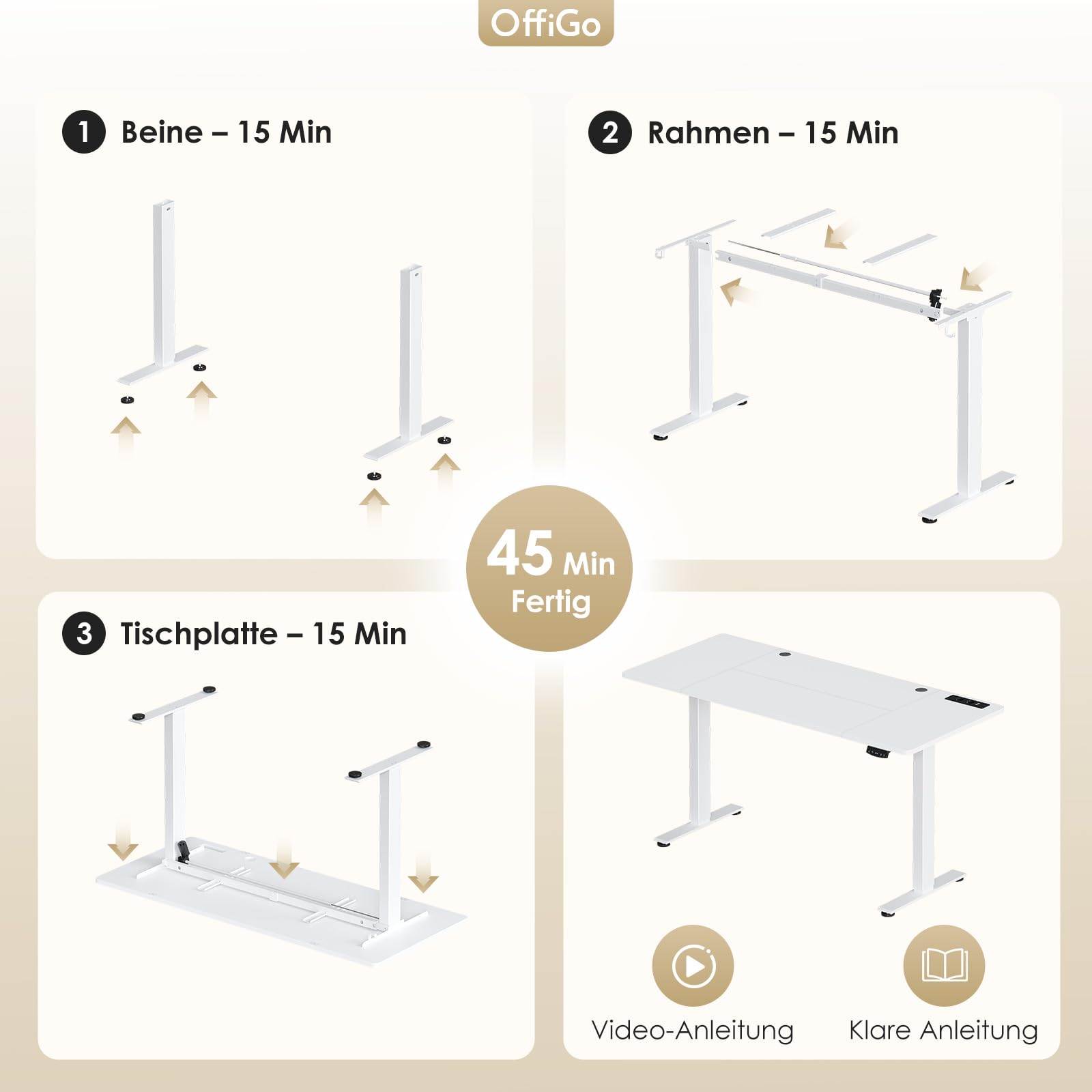 OffiGo Höhenverstellbarer Schreibtisch, 160x80cm Elektrischer Schreibtisch mit Steckdosen und USB Ladeanschluss, Tisch Höhenverstellbar mit 2 Memory Funktion, Computertisch für Büro, Zuhause, Weiß