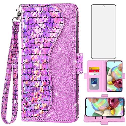 Asuwish Phone Case for Samsung Galaxy A71 4G Wallet Cover with Tempered Glass Screen Protector and Wrist Strap Flip Card Holder Bling Glitter Cell Glaxay A 71 Gaxaly 71A S71 A715F Women Girls Pink -  Samsung-A71-4G-LSSFQB-US