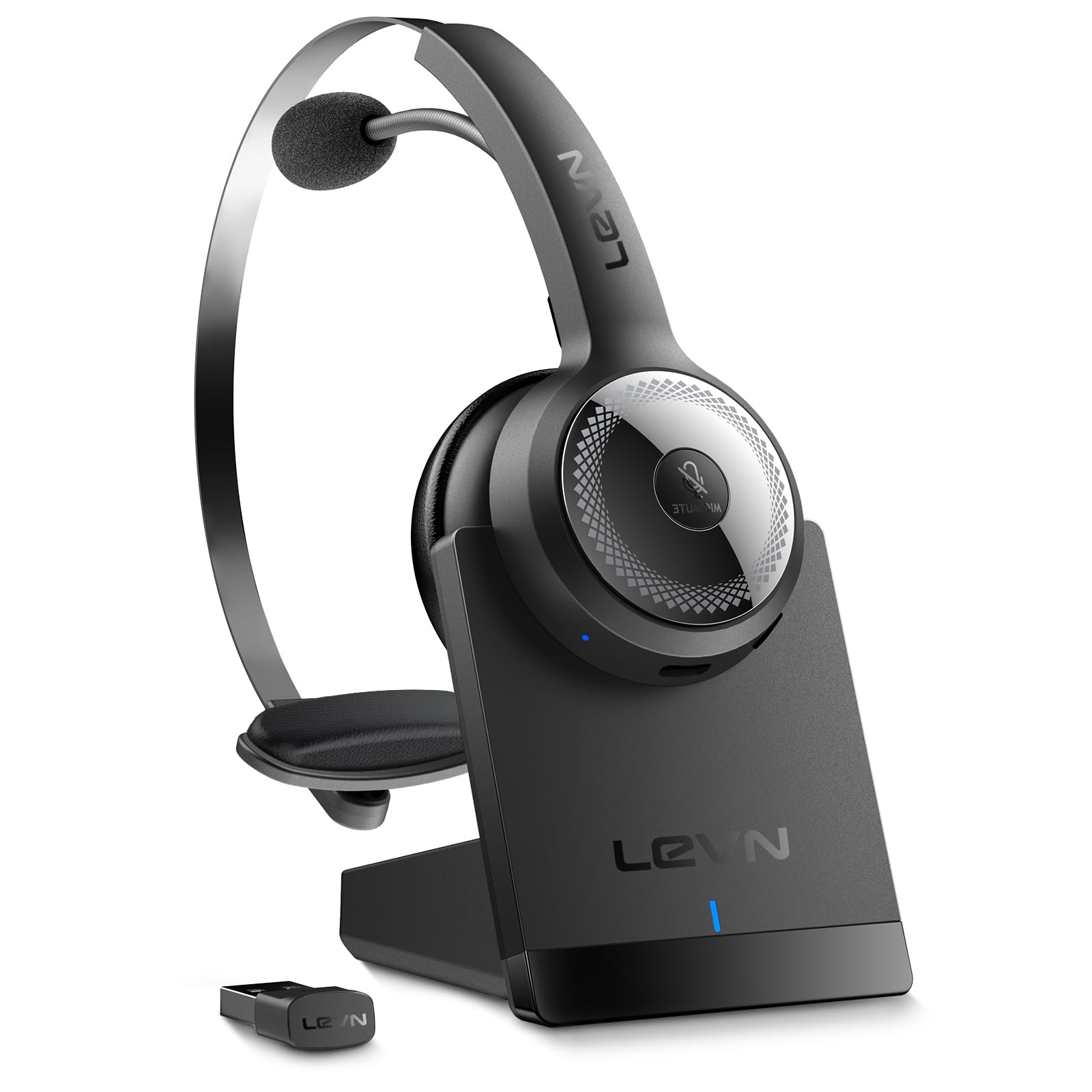 LEVN Wireless Headset with Mic for Work, Wireless Headphones with Mic (AI Noise Cancellation) & Charging Base, 45 Hours Talk Time, Perfect for Work from Home/Office/Call Center/PC/Laptop/Zoom, Black