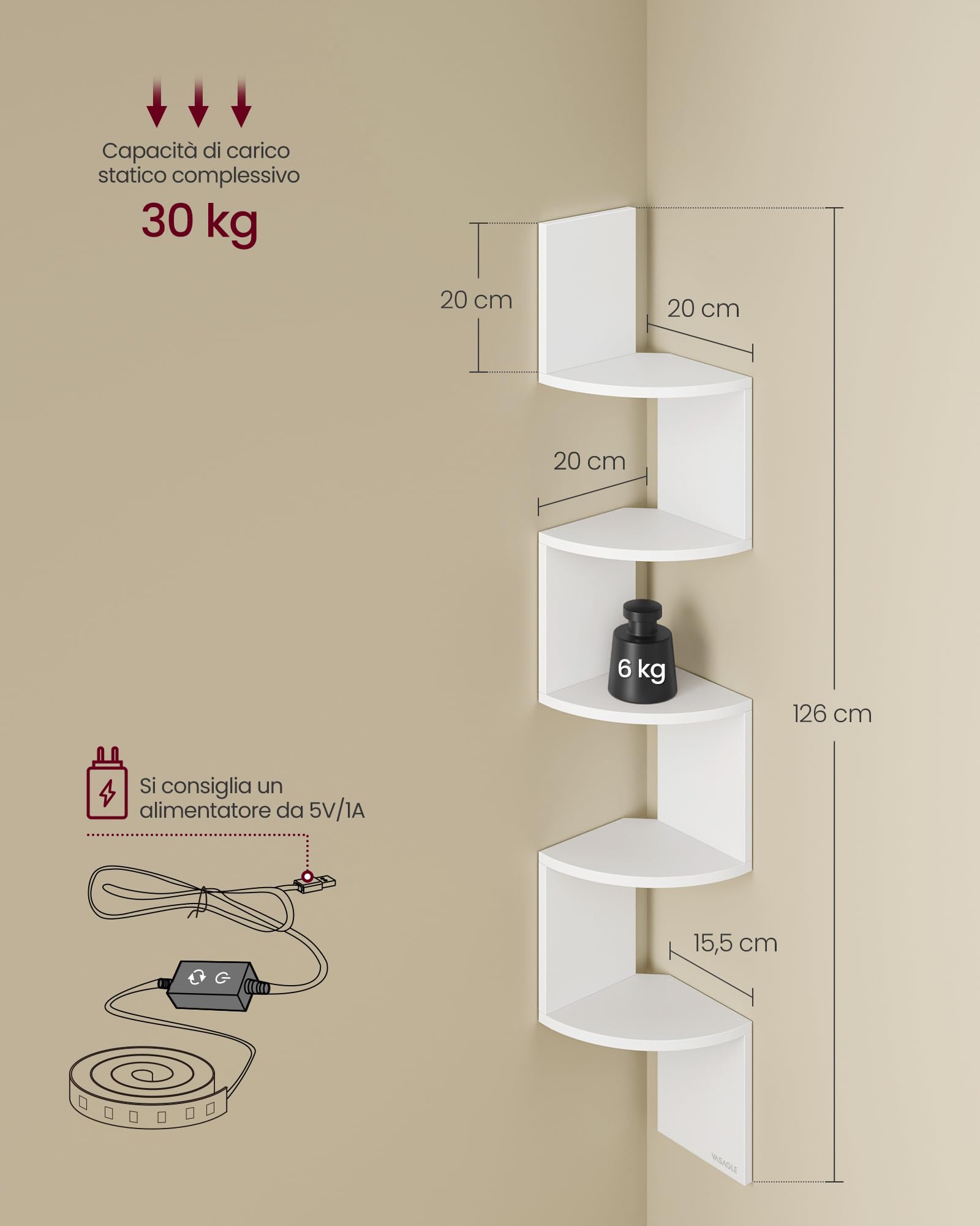 VASAGLE CUSTOS Collezione - Mensola Angolare da Parete con Luci LED RGB, Libreria a 5 Ripiani, per Piante, Camera da Letto, Soggiorno, Bagno, Ufficio, Pulsante e Telecomando, Bianco Nuvola LBC630W01