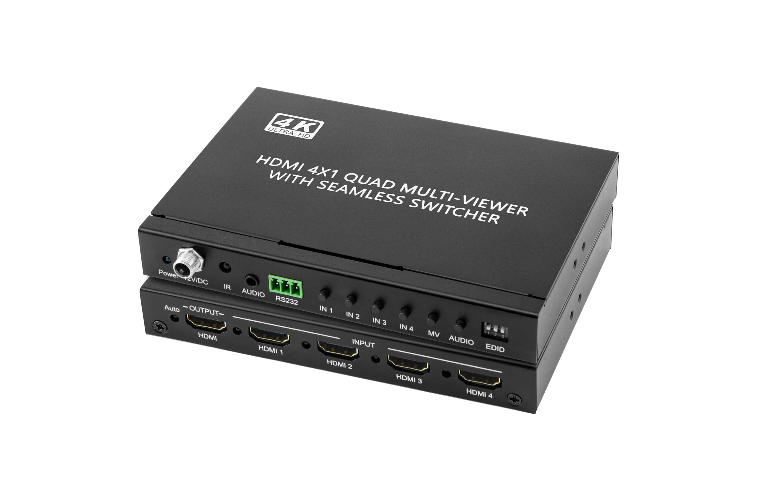 Bezszwowy przełącznik 4K HDMI 4 x 1, 4 w 1, Quad Multi-Vieer, przełącznik HDMI z pilotem na podczerwień i sterowaniem RS-232, obsługa 8 trybów wyświetlania, ekstrakt audio, OSD, PIP (POS