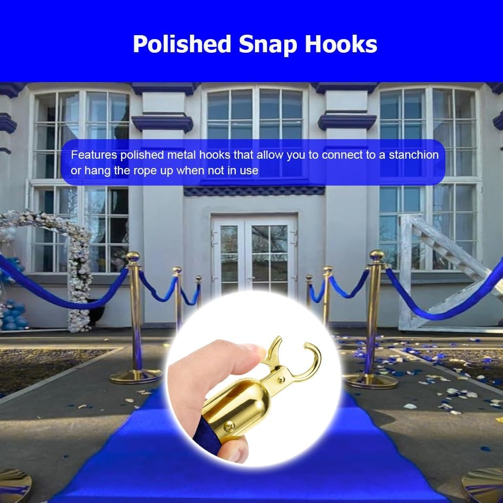 4 Pcs 2-13' Blue Velvet Stanchion Rope for Queue Posts, Crowd Control Barrier Rope with Gold Clasps for Restaurants Theater Party Event(0.6m/24In/2Ft)