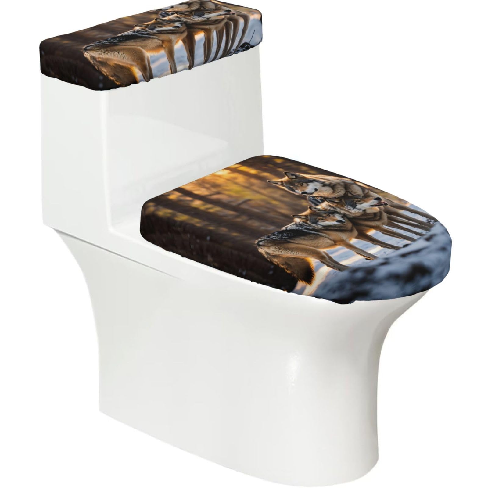 Wolfs Printed Toilet Tank and Lid Cover Set of 2 for Most Bathrooms, Fits Elongated Round Toilets