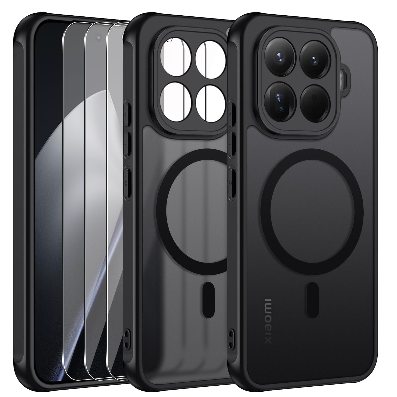 jrester Magnetic Cover per Xiaomi 15T Pro 5G con 3 Vetro Temperato Pellicola Protettiva, Silicone e schienale rigido in PC Protettiva Custodia per Xiaomi 15T Pro 5G - Nero Opaco