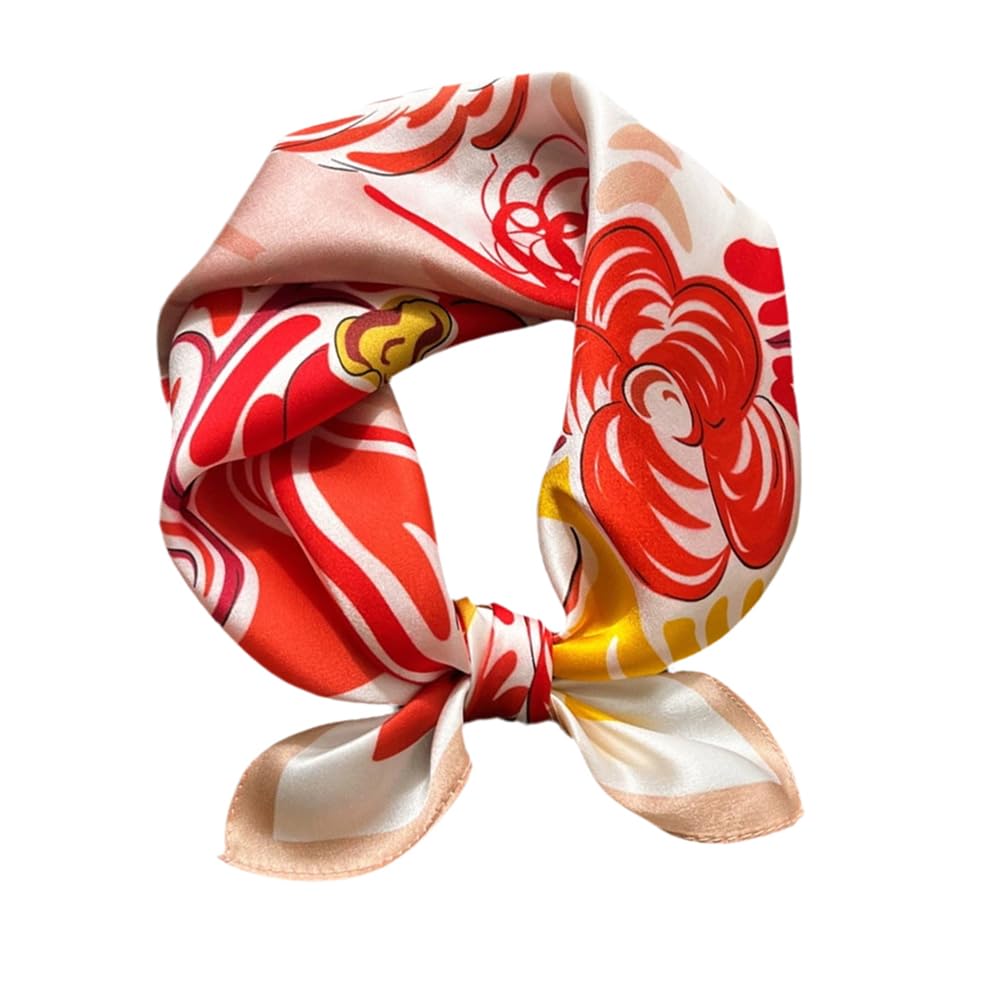 MEISEE Mulberry Silk Scarfs Women Small Square Scarf 21" x 21" Breathable Lightweight Neckerchief Headscarf, Red and White Flowers, 21in