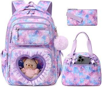 MOONBABY Girls Backpack with Lunch Bag & Pencil Case, 17" Lightweight Elementary Middle Schoolbag, Bowknot Heart Pocket Kids Bookbag Set