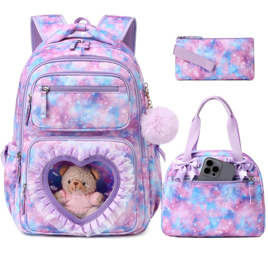 MOONBABY Mochila para meninas para escola de 43 cm, leve, resistente à água, ensino fundamental/médio, com bolso de coração transparente, Conjunto de estrelas roxas