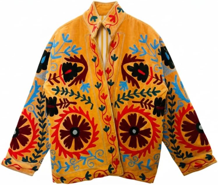 Embroidered Suzani Jacket, Orange, Floral Pattern, Long Sleeve, Open Front, Bohemian Style