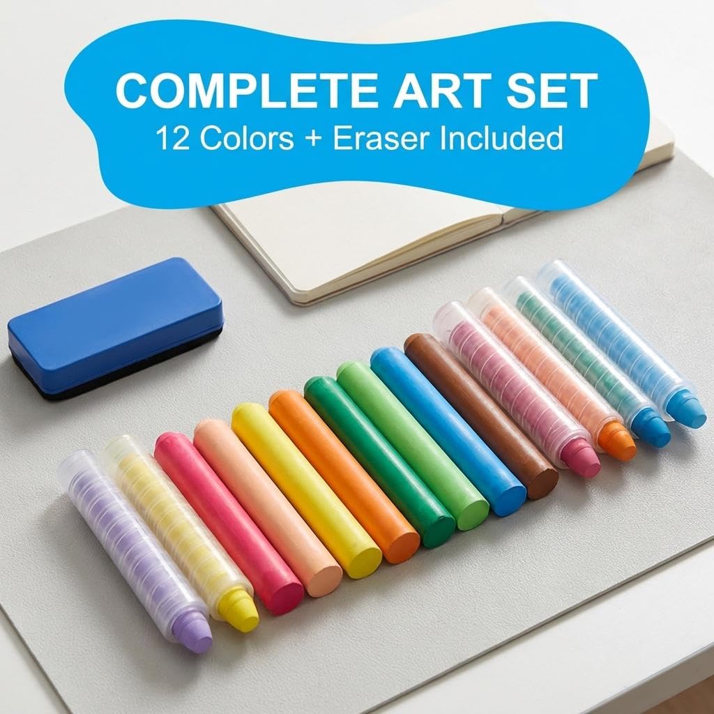 12 Gessetti Colorati per Lavagna, Gesso Senza Polvere, Non Tossico, Lavabile, Cancellabile, Gessetti per Bambini, Strumento Artistico per Disegno e Scrittura su Lavagna