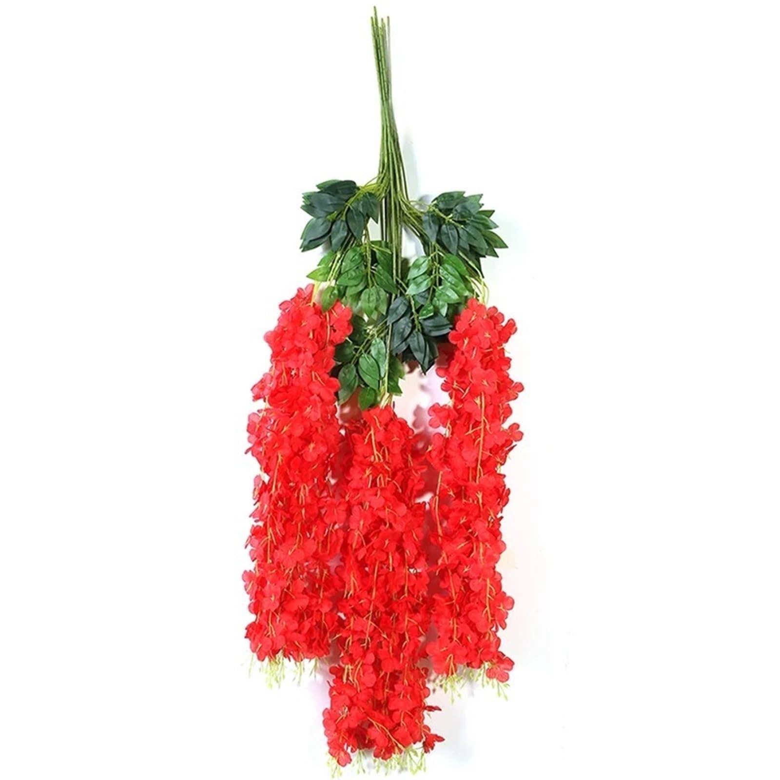 Dcrxz Artificial Flowers 12Pcs Artificial Wisteria Flower String Hanging Garland Outdoor Wedding Garden Arch Decoration Home Party Decor Fake Flower Vine(Red)