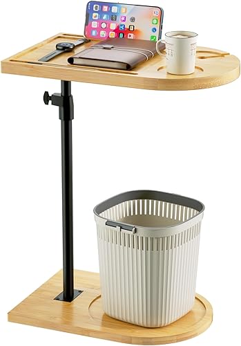 Miniatura 8 de Livofloral Mesa auxiliar de bambú en forma de C, bandeja de TV giratoria de 360 para sofá, mesas auxiliares de sofá de altura ajustable para sala de
