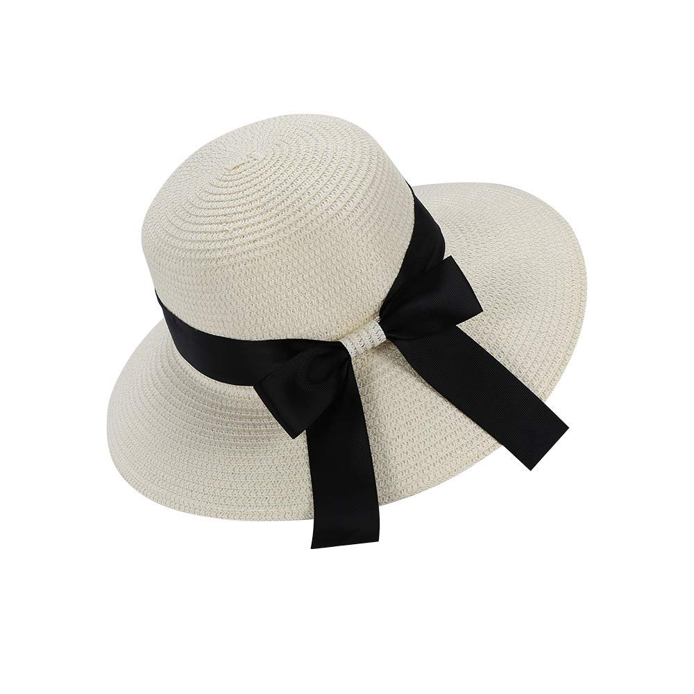 Faung Sombrero de paja para mujer, sombreros de sol para mujer, gran ala ancha, lazo de paja, sombrero de playa UPF UV, plegable, plegable, plegable, accesorios de playa, Blanco personalizado, M