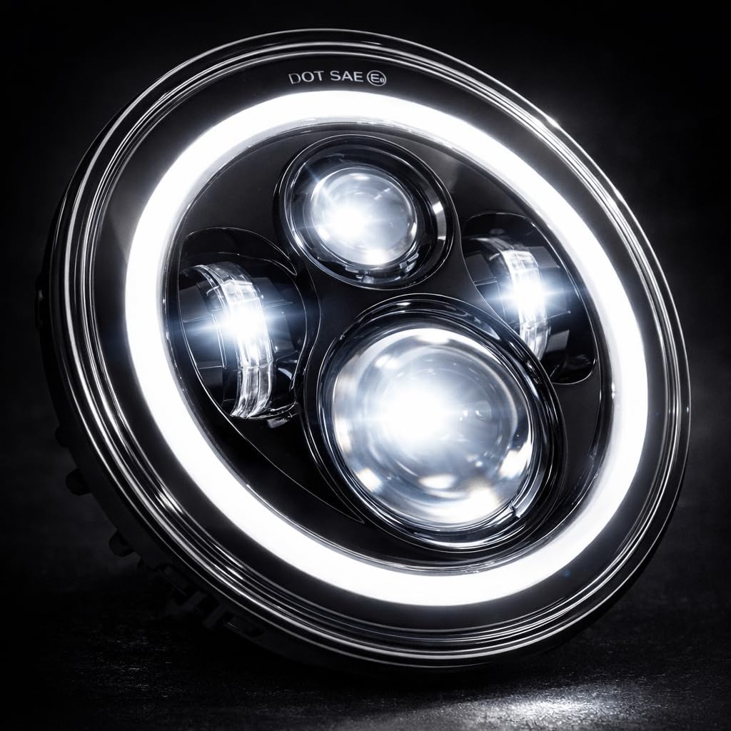 Eagle Lights 9100B 7 Inch Headlight with White Halo Ring for Harley Davidson and Indian Motorcycles - Generation I/Black Halo Kit/No Installation Accessories