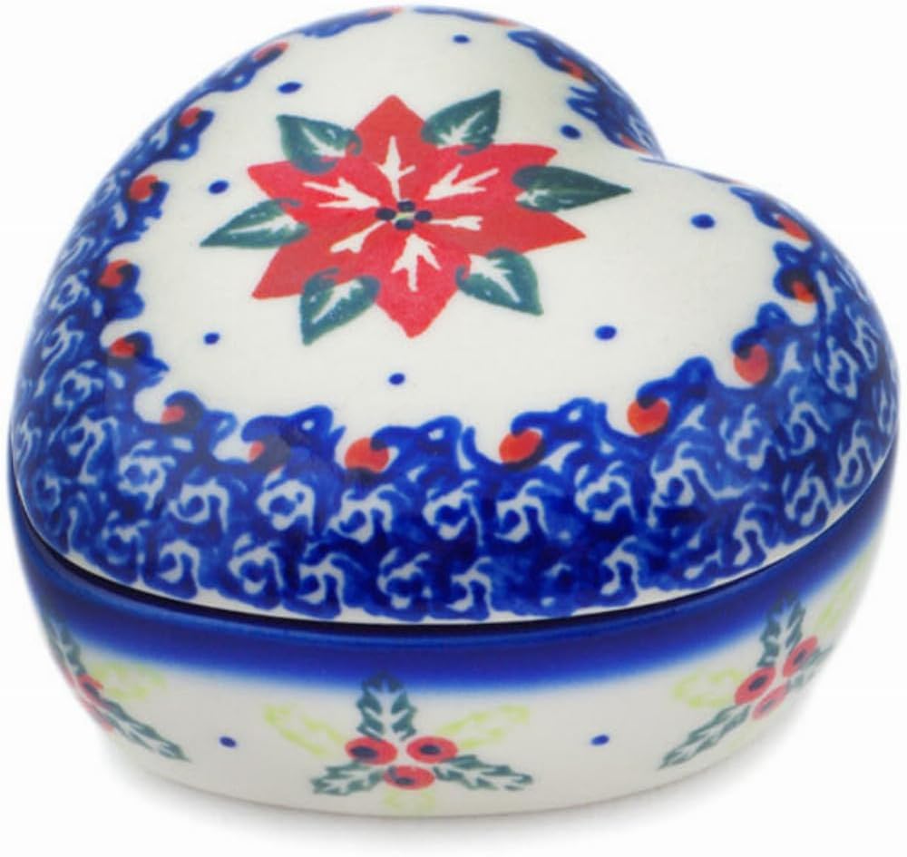 Polmedia Polish Pottery Heart Shaped Jar - Poinsettia Charm Pattern Handmade in Boleslawiec Poland by Ceramika Bona + Certificate of Authenticity