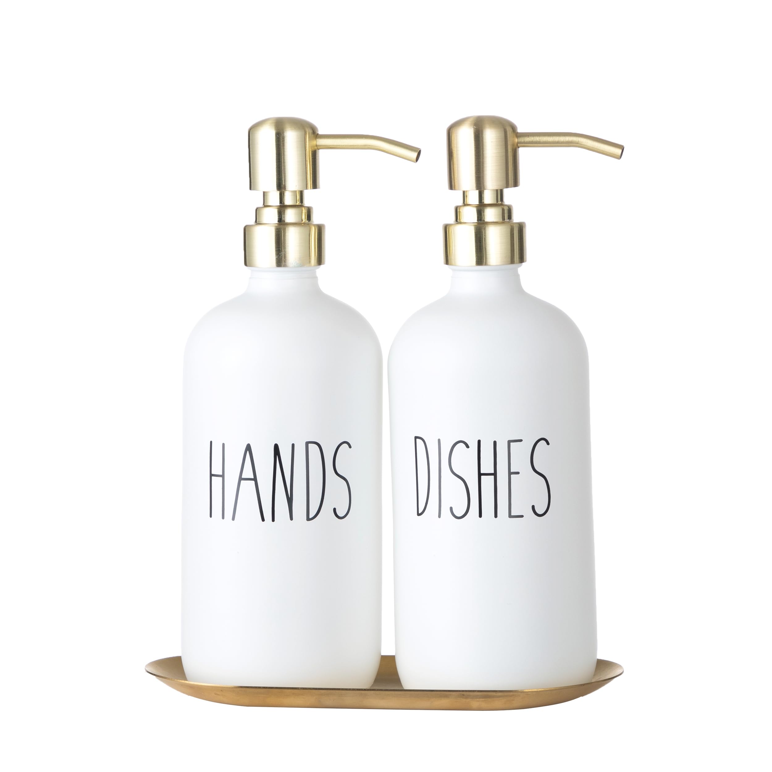 Glass Soap Dispenser Set with Pump, Hand Soap and Dish Soap Dispenser with Metal Tray and Collapsible Silicone Funnel for Kitchen, Bathroom, Farmhouse Decor Accessories, 2 White