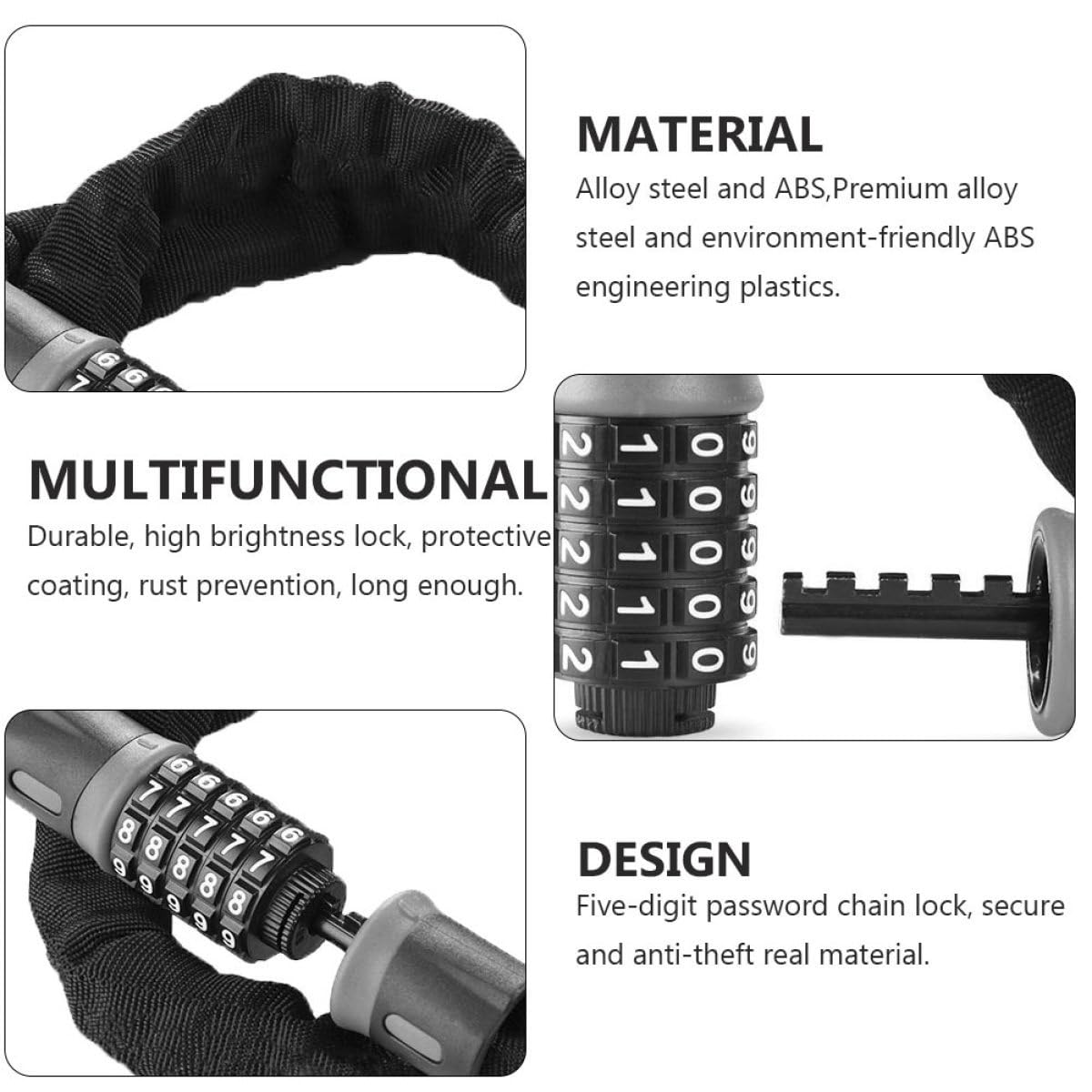 Antivol de Sécurité pour Vélo à Code 5 Chiffres, Chaîne | Acier Allié et Abs, Protection Anti-vol, Revêtement Protecteur, Couleur Noire, Usage Cyclisme Couleur Aléatoire