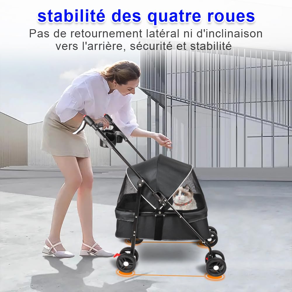 OHMG Poussette pour chien chat pliable,Les petits et chiens âgés,Jusqu'à 20 kg,Roues avec freins à 360°,Panier xxl,3 fenêtres,Porte-gobelet,Chariot pour chien