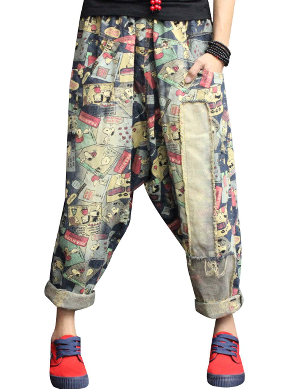 Youlee Femmes Taille élastique Sarouel Coton Jeans