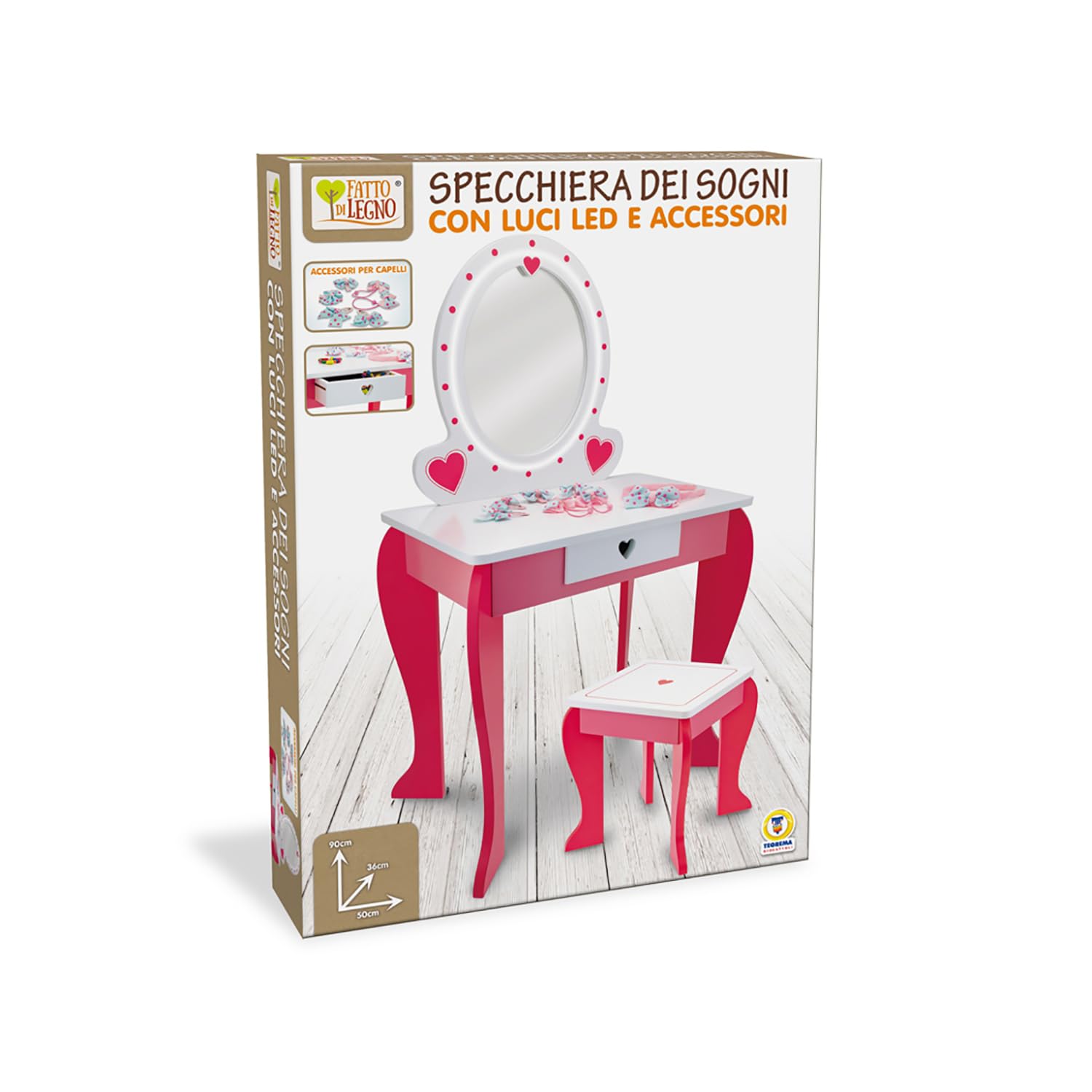Teorema – FATTO DI LEGNO Specchiera dei Sogni in Legno Eco Alta 90 cm con Luci LED, Sgabello Incluso, Make Up Artist, Postazione Trucco Bambina Rosa e Bianco, Idea Regalo 3+ Anni