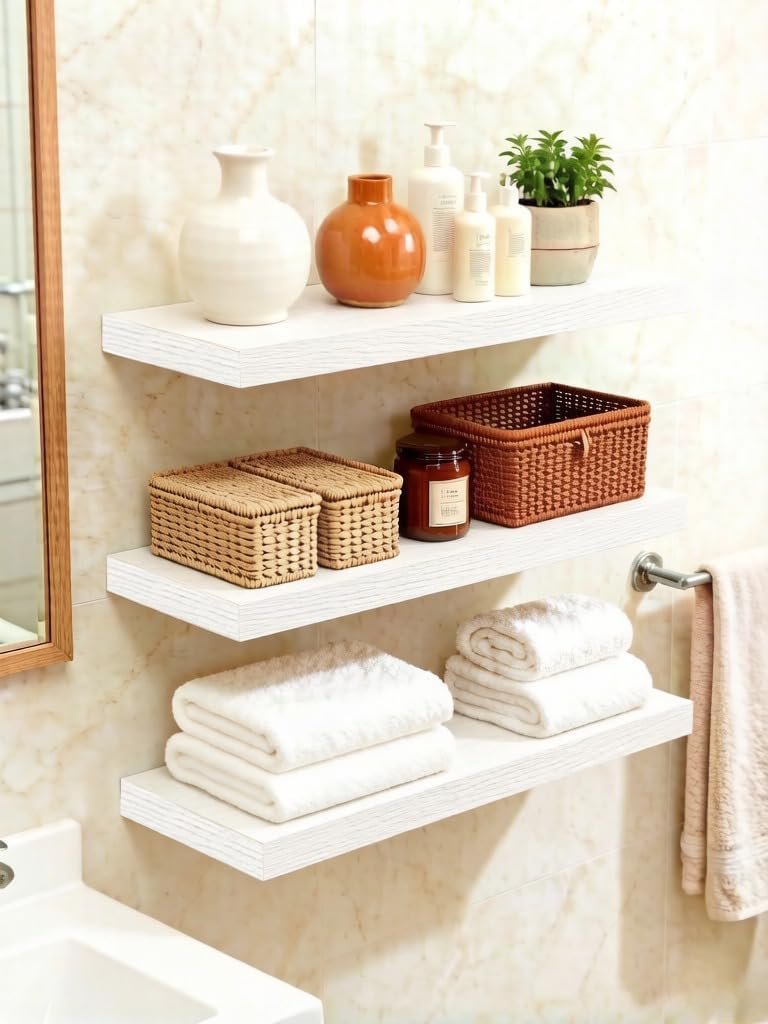 AT-VALY Floating Shelf 15.6 Inch,White Wall Shelf Set of 3,MDF Shelves for Bathroom, Bedroom, Living Room, Kitchen Wall Decor & Organization 22 lbs Capacity