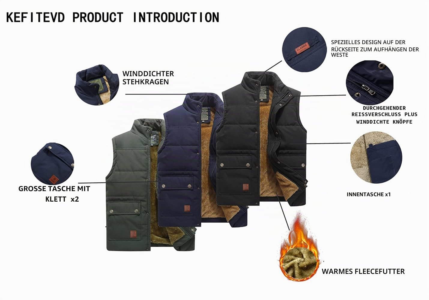 KEFITEVD Fleeceweste Herren Winter Thermo Weste Gefüttert Outdoor Herbst | Schwarz, Wasserabweisend und Winddicht, Fleecegefüttert, Stehkragen mit Windschutzleiste, 3 Taschen, Schwarz 3XL