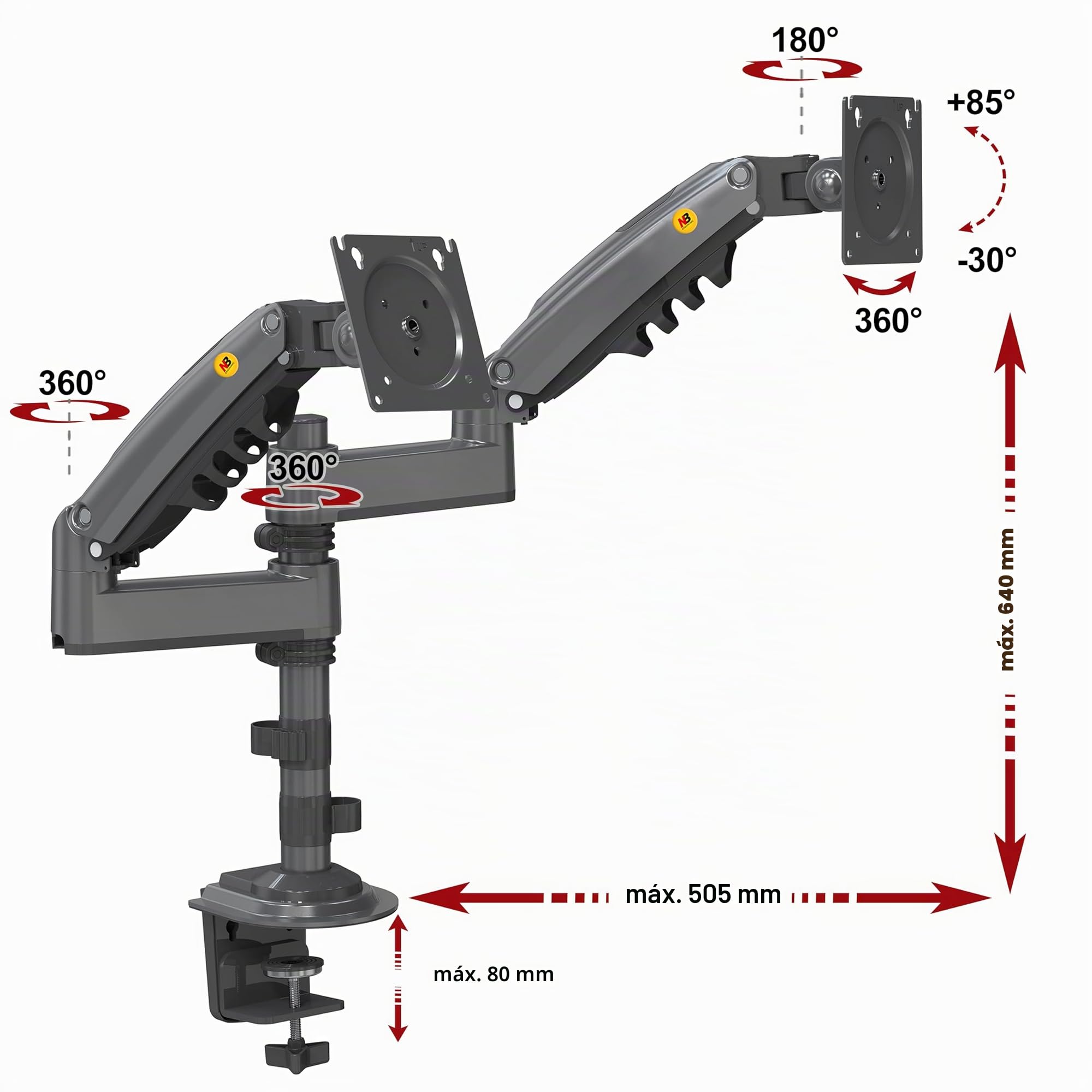 Soporte de Escritorio Giratorio de Alta Resistencia con Resorte de Gas para Dos monitores LCD LED de 17 a 35 Pulgadas con VESA máx. 100 x 100 mm, hasta 9 kg
