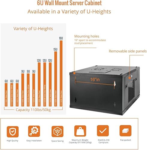 Miniatura 5 de Tecmojo Gabinete de red de rack de montaje en pared 6U para equipos de TI de 19 pulgadas, con puerta de malla bloqueable y paneles laterales,