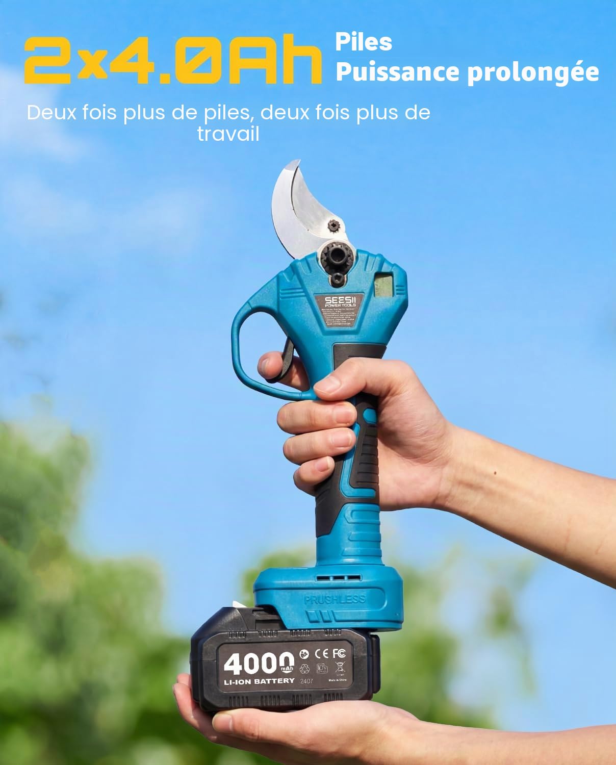 SEESII Sécateur Électrique 800W, Sécateur sans Fil avec 2 Batteries 4.0Ah, Diamètre de Coupe 40mm, Lames SK5, Sécateur à Batterie pour Jardin et Arboriculture