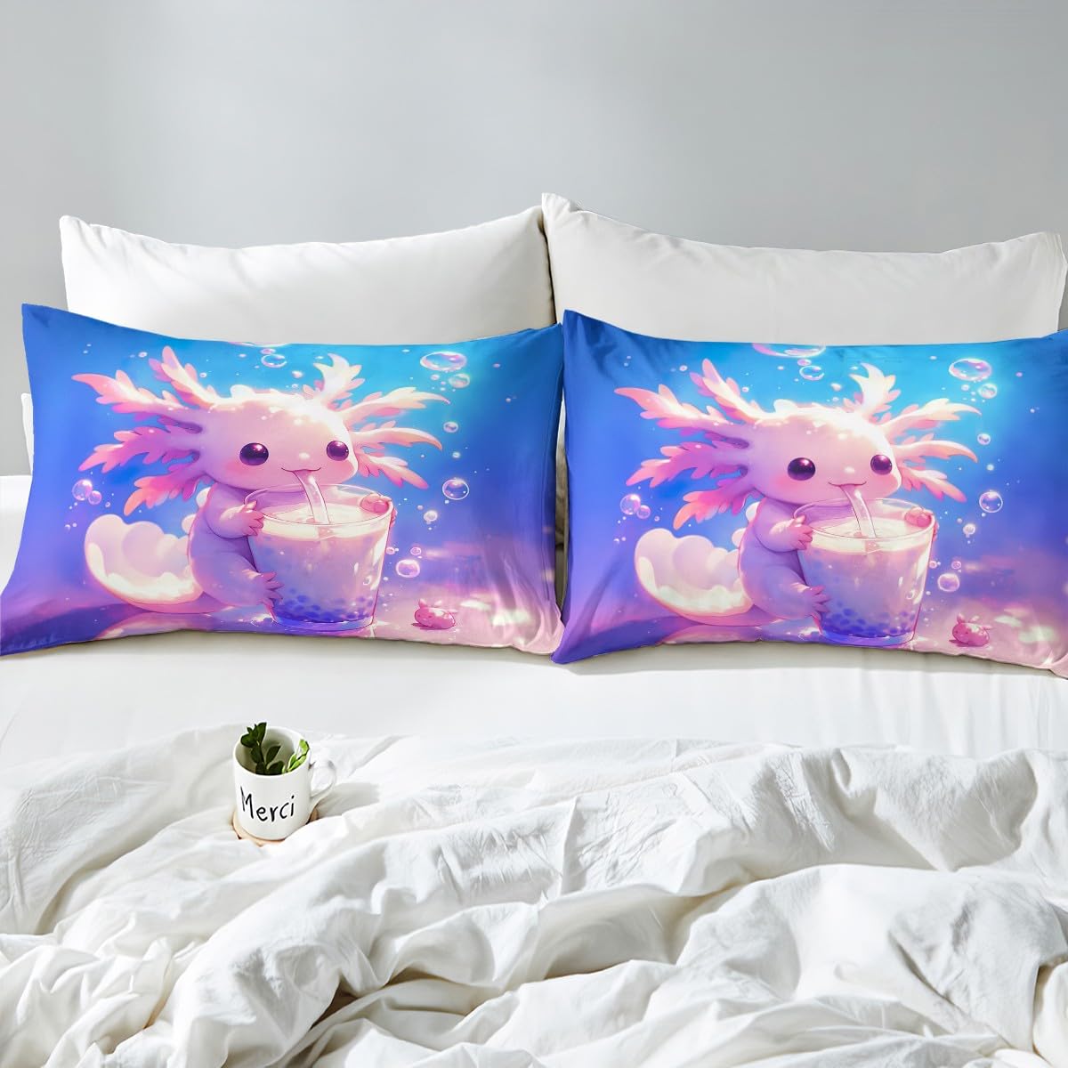 Homemissing Kids Cute Axolotl Bedding Set Double Size Cartoon Salamander DrinSuper King Comforter Cover Set for Boys Girls Kawaii Ocean Sealife Duvet Cover Bedspread Cover Room Decor,No Stuffing - Image 4