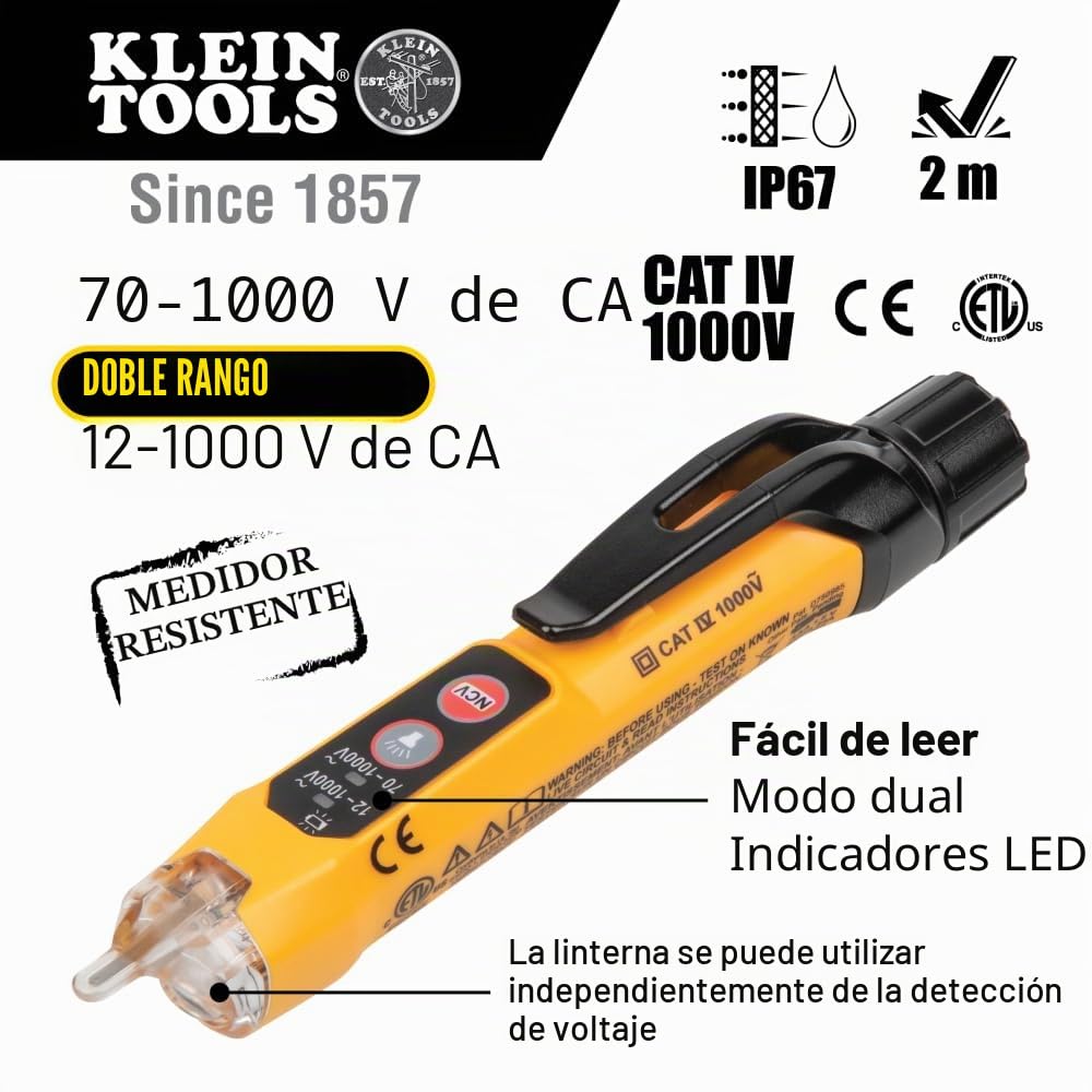 Klein Tools CL120VP Kit de prueba de voltaje eléctrico con medidor de abrazadera, tres probadores, cables de prueba, bolsa y baterías