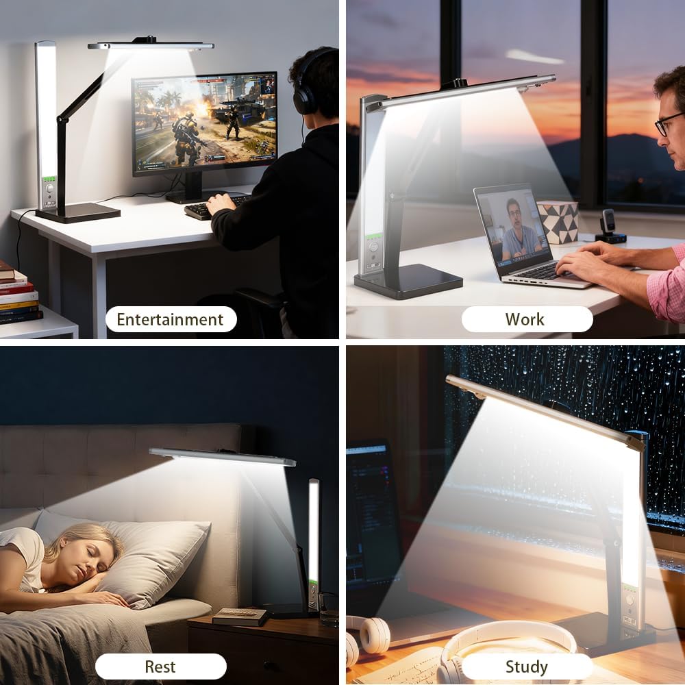 2-in-1 Magnetic LED Desk Lamp, USB-C Rechargeable Task Light with Detachable Dual Light Bars, Motion Sensor Light, Stepless Dimming, Foldable Table Lamp for 【Office and Reading】