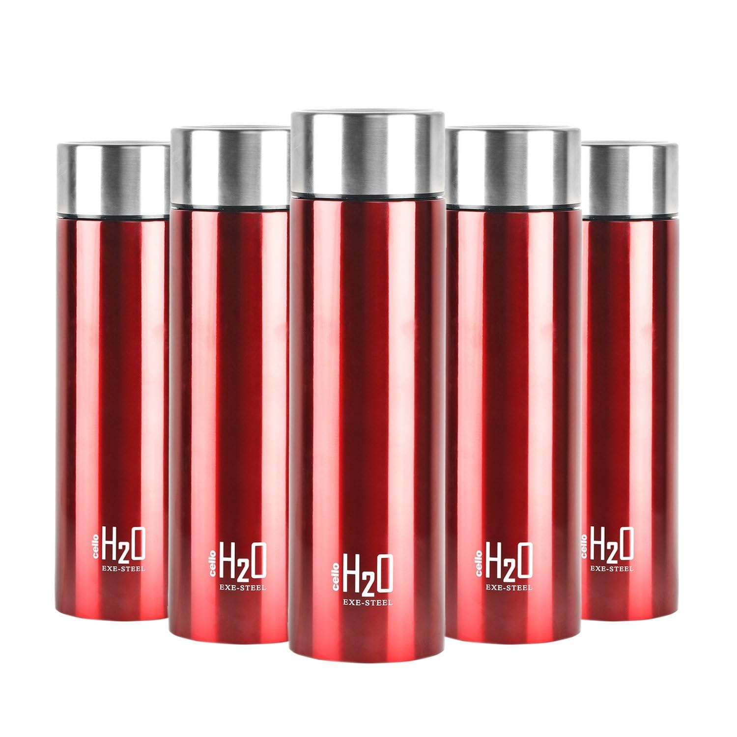 CELLO H2O Stainless Steel Water Bottle for Office & Daily Use Set of 5 Pcs, 1000 ml Red | Single Wall Freezer & Fridge Safe, Lightweight Leakproof Rustproof Steel Water Bottle for School Gym Travel