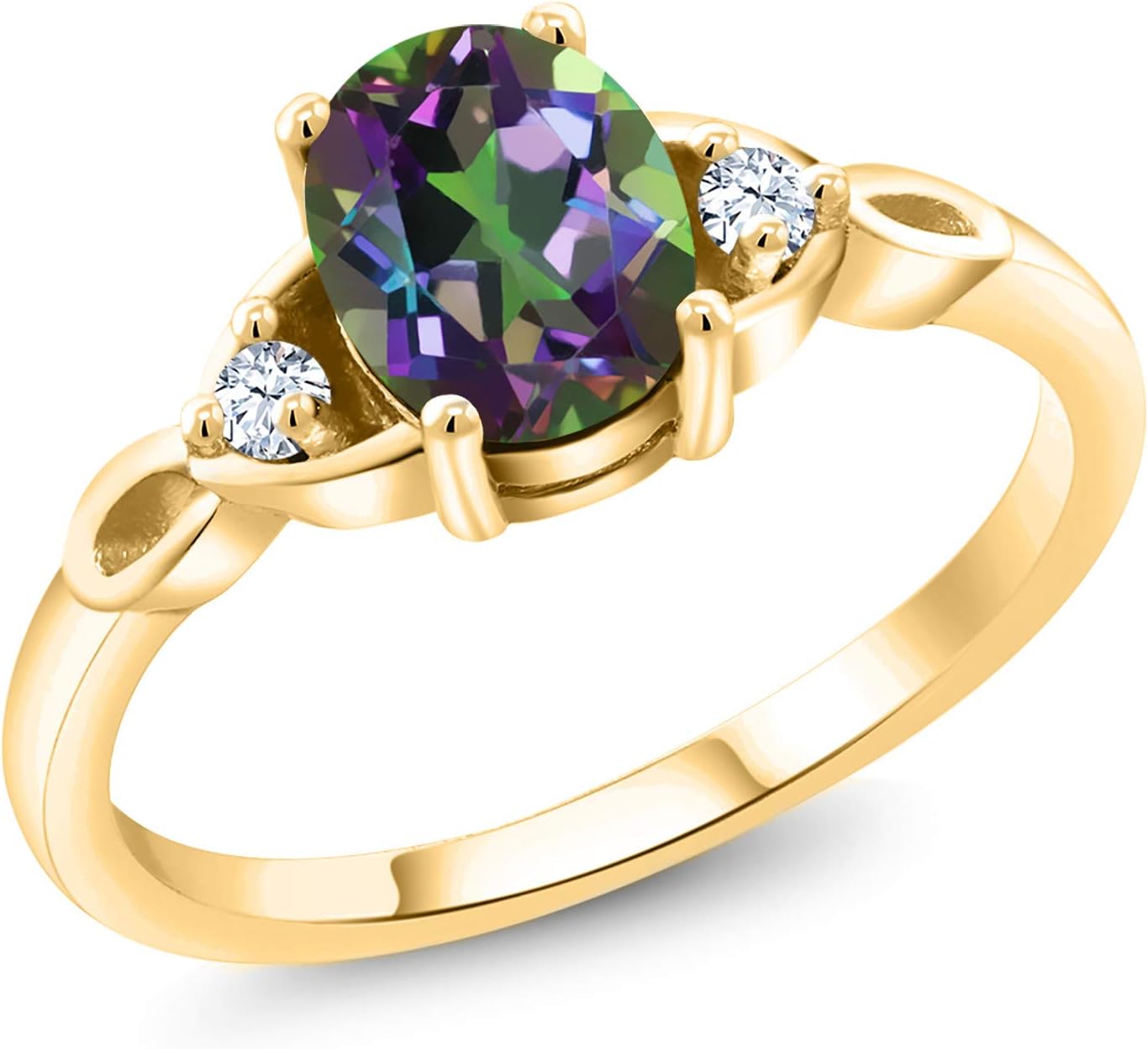 Gem Stone King 18K Yellow Gold Plated Silver Gemstone Birthstone 3-Stone Ring for Women | Oval 8X6MM with 2MM Round Accents | Three Stone Wedding Anniversary Engagement Promise Ring | Sizes 5-9