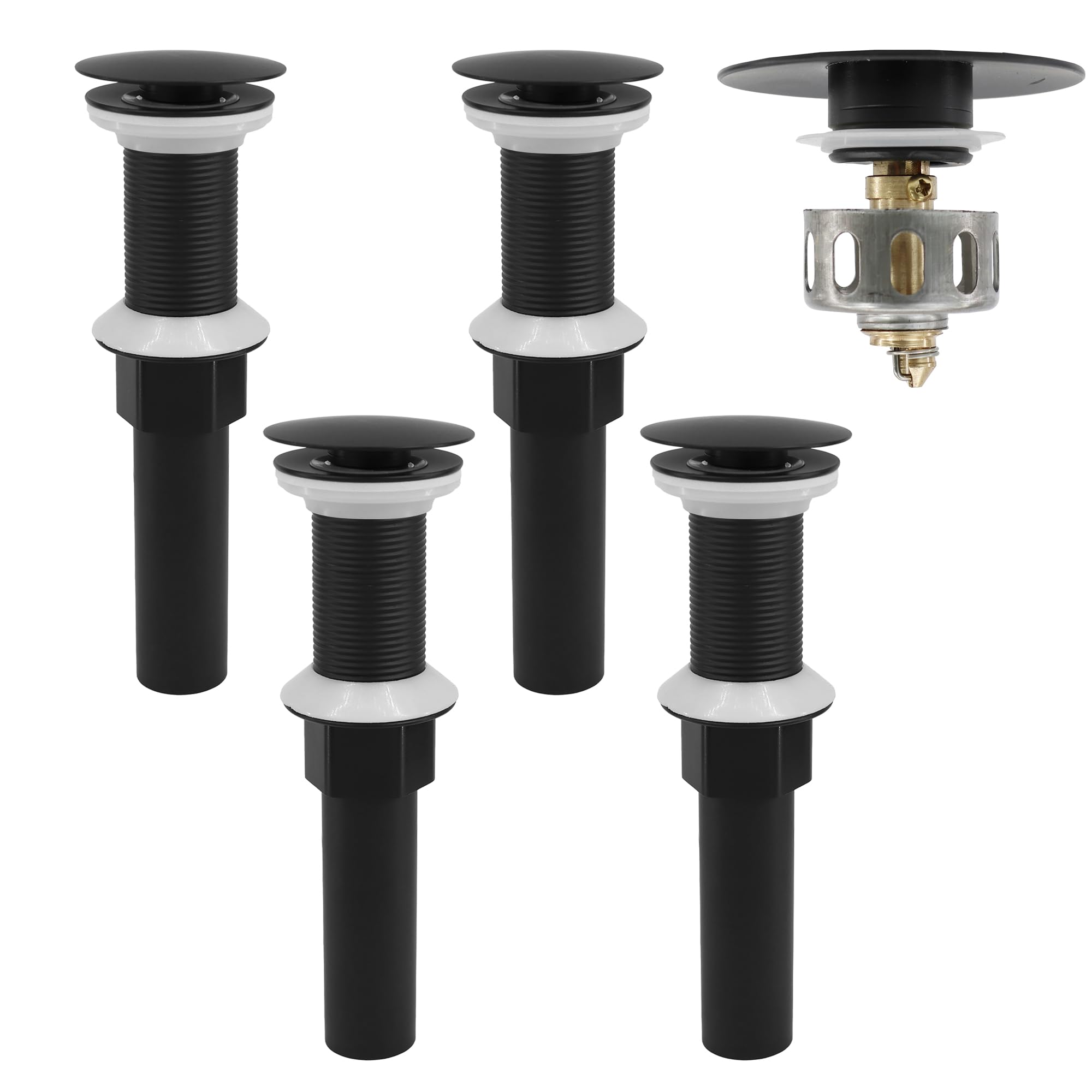 Juego de 4 tapones de drenaje sin desbordamiento, conjunto de drenaje desplegable con cesta de colador desmontable, antiobstrucción integrada, tuerca de acero inoxidable mate negro
